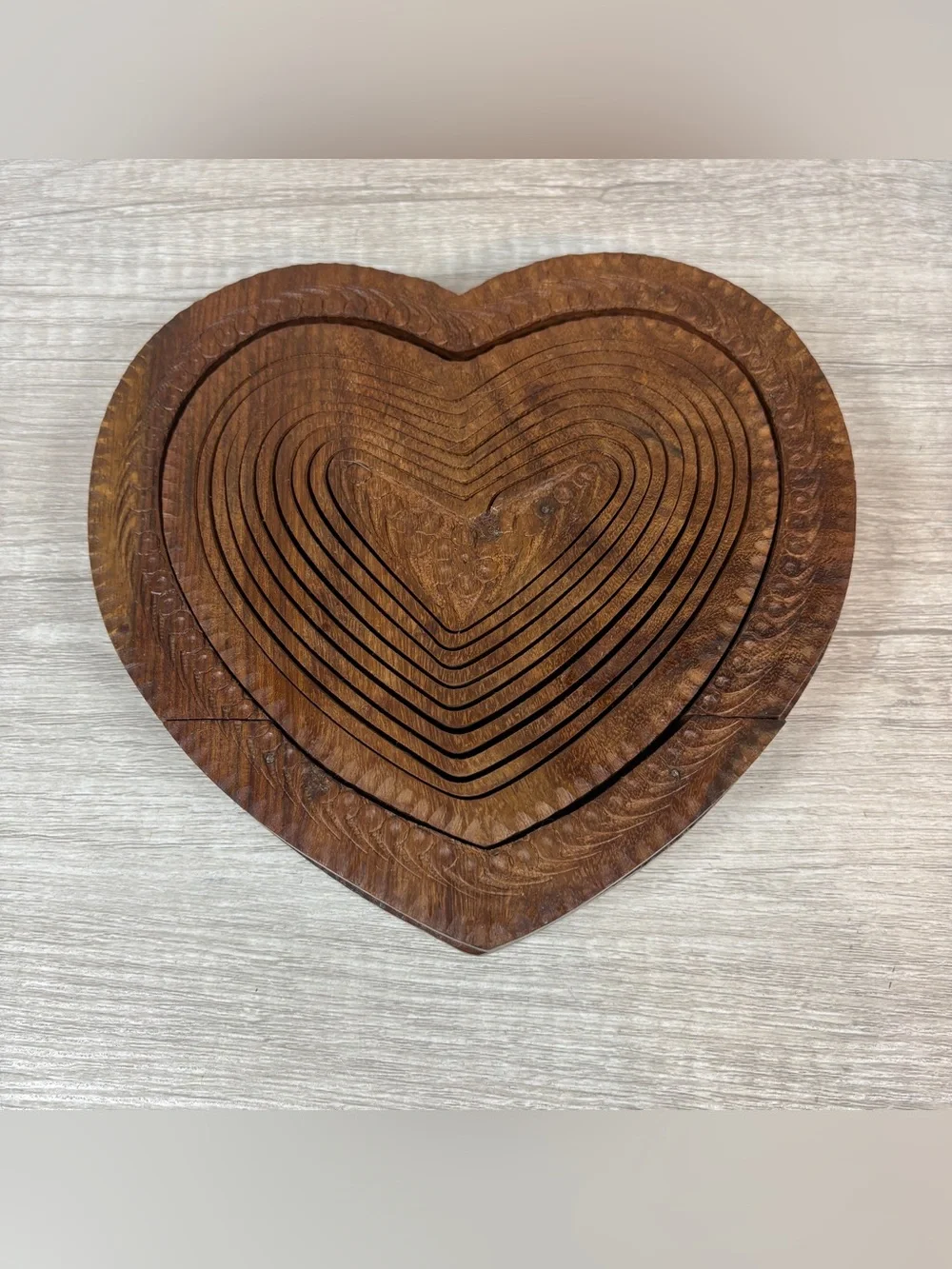 Vintage Hand Carved Heart Shaped Collapsible Wooden Fruit Basket Folding Trivet